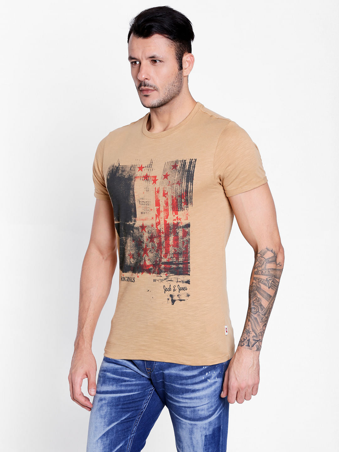 Tan Graphic Print Crew Neck T-Shirt