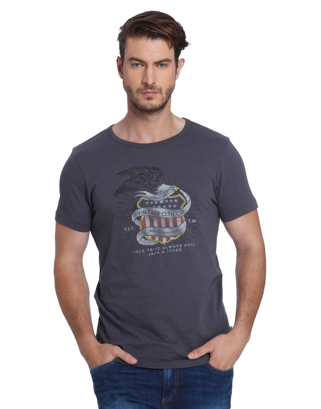 Grey Graphic Print Crew Neck T-Shirt - S