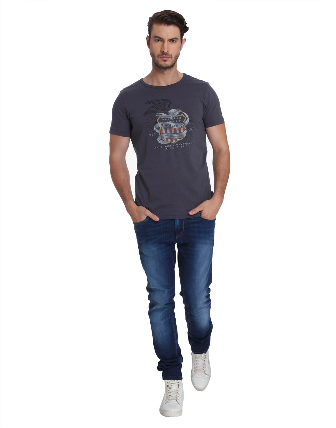Grey Graphic Print Crew Neck T-Shirt