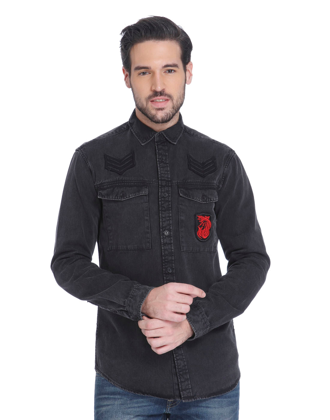 Dark Grey Over Dyed Slim Fit Shirt - S