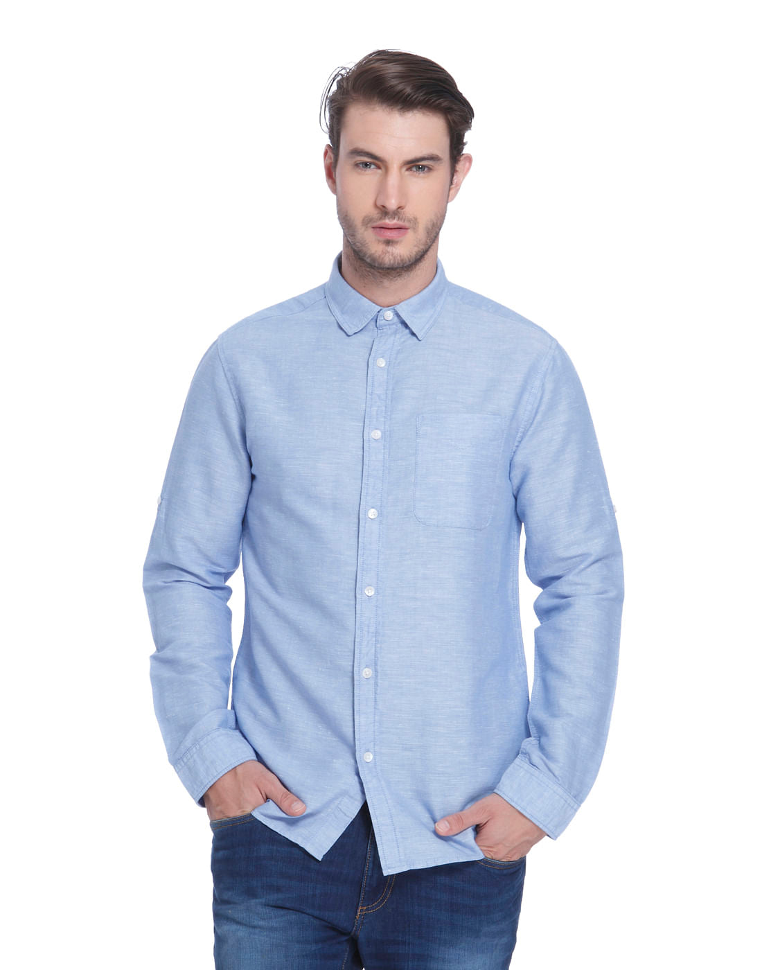 Blue Linen Slim Fit Shirt - S
