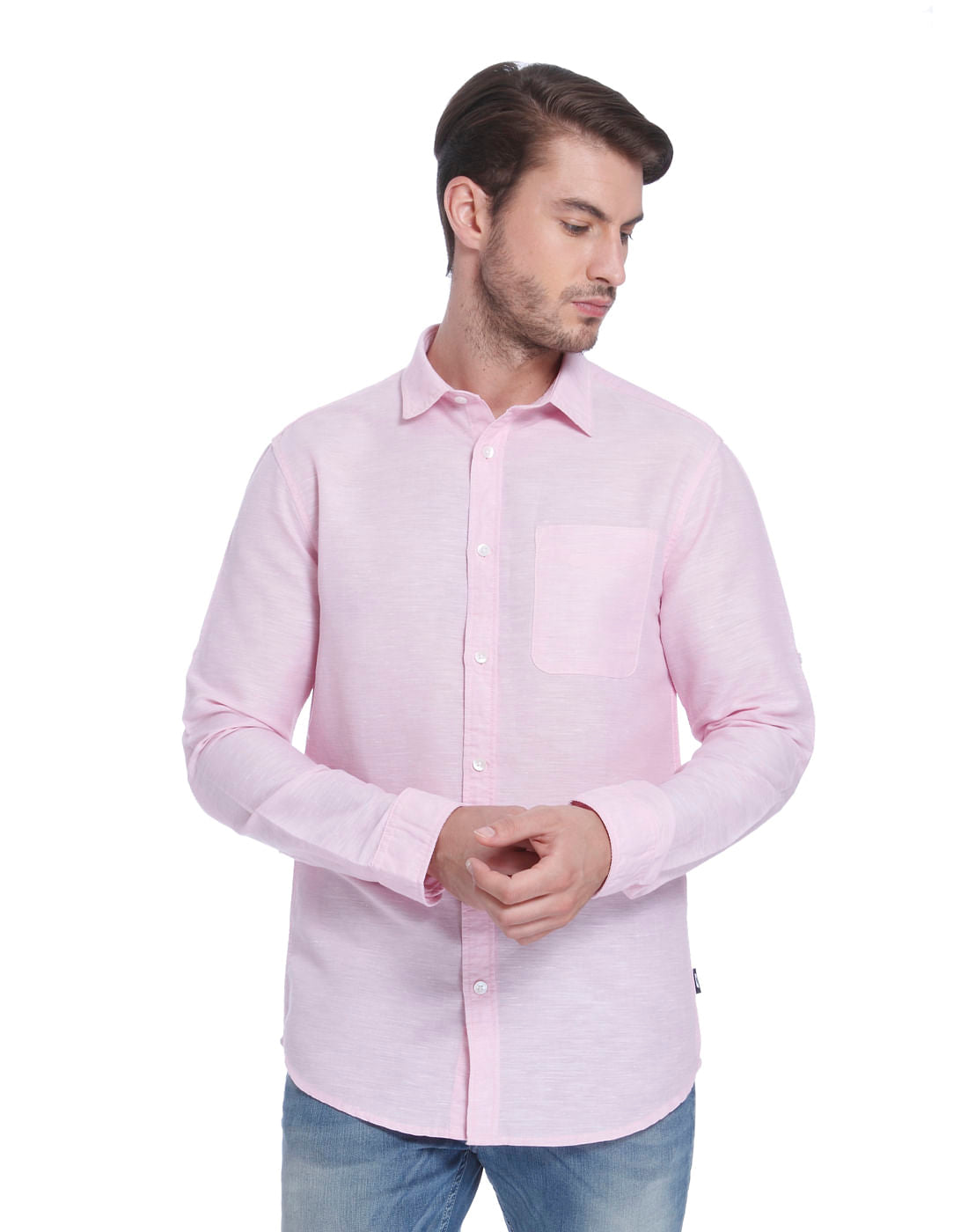 Pink Linen Slim Fit Shirt - S