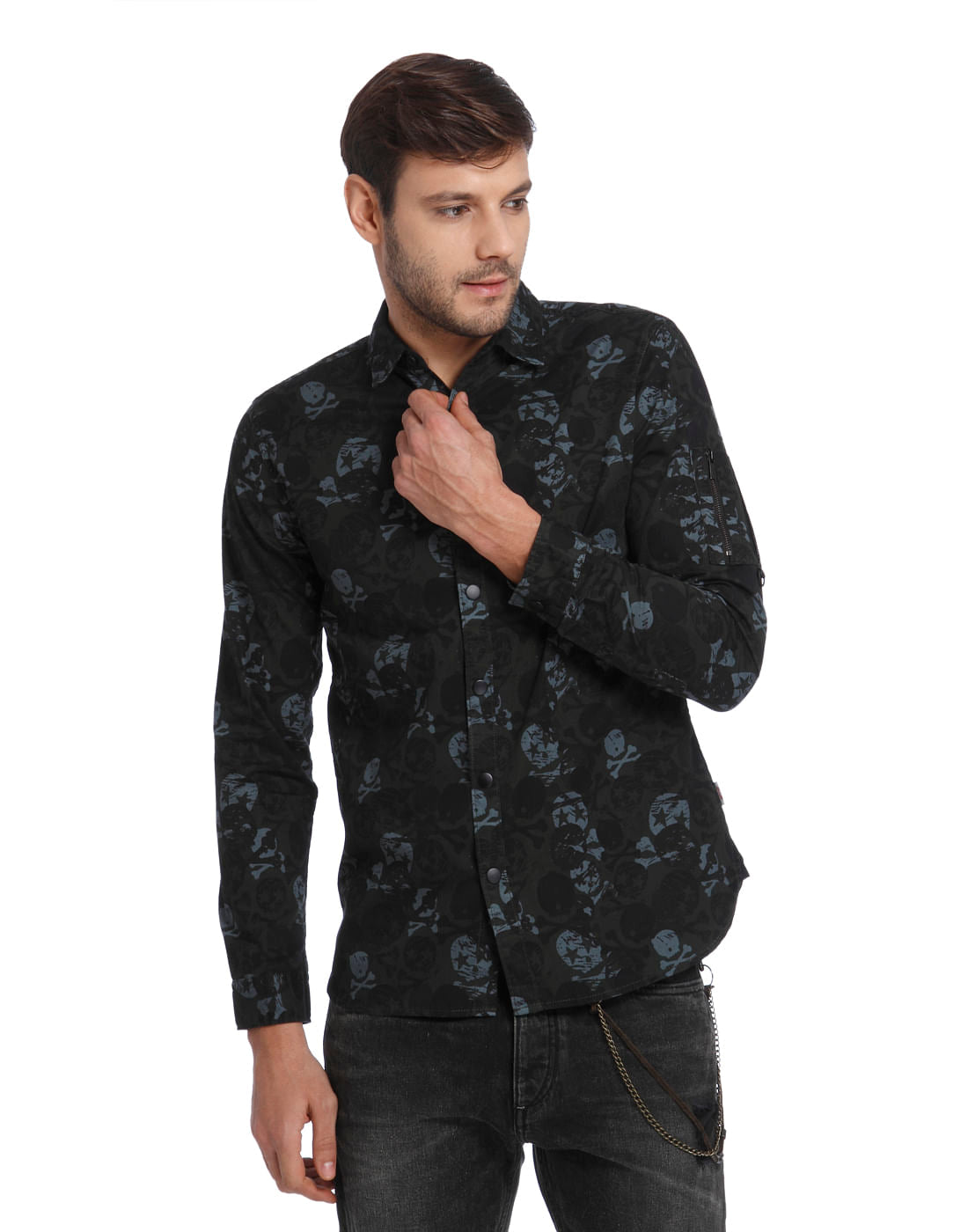 Dark Grey Skull Print Slim Fit Shirt - S