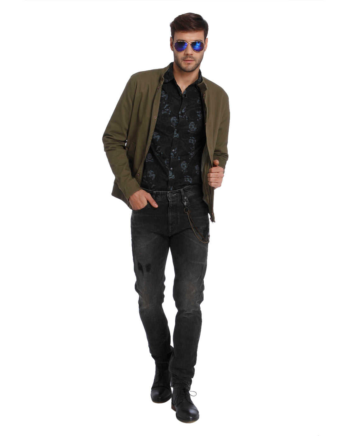 Dark Grey Skull Print Slim Fit Shirt
