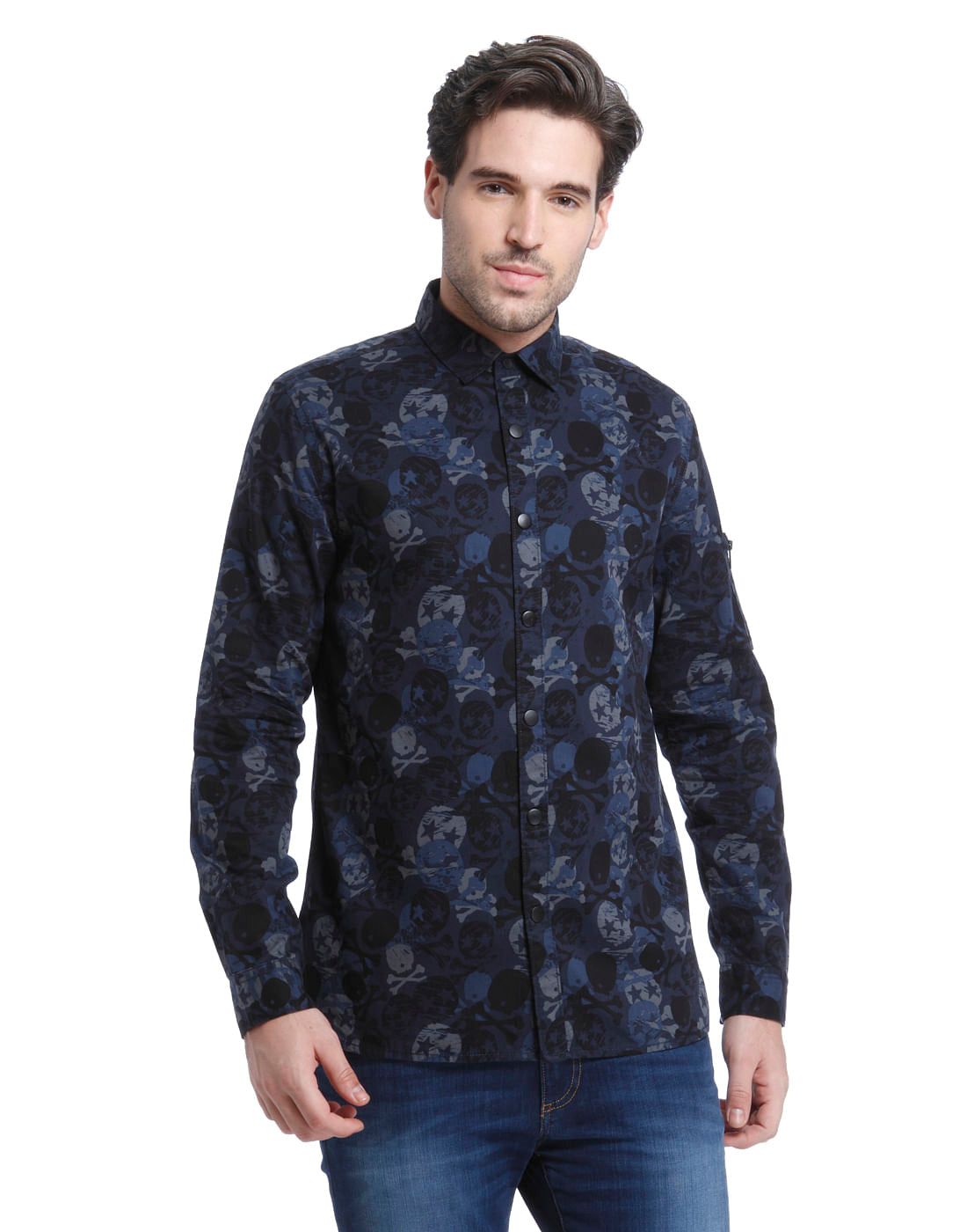 Dark Blue Skull Print Slim Fit Shirt - S