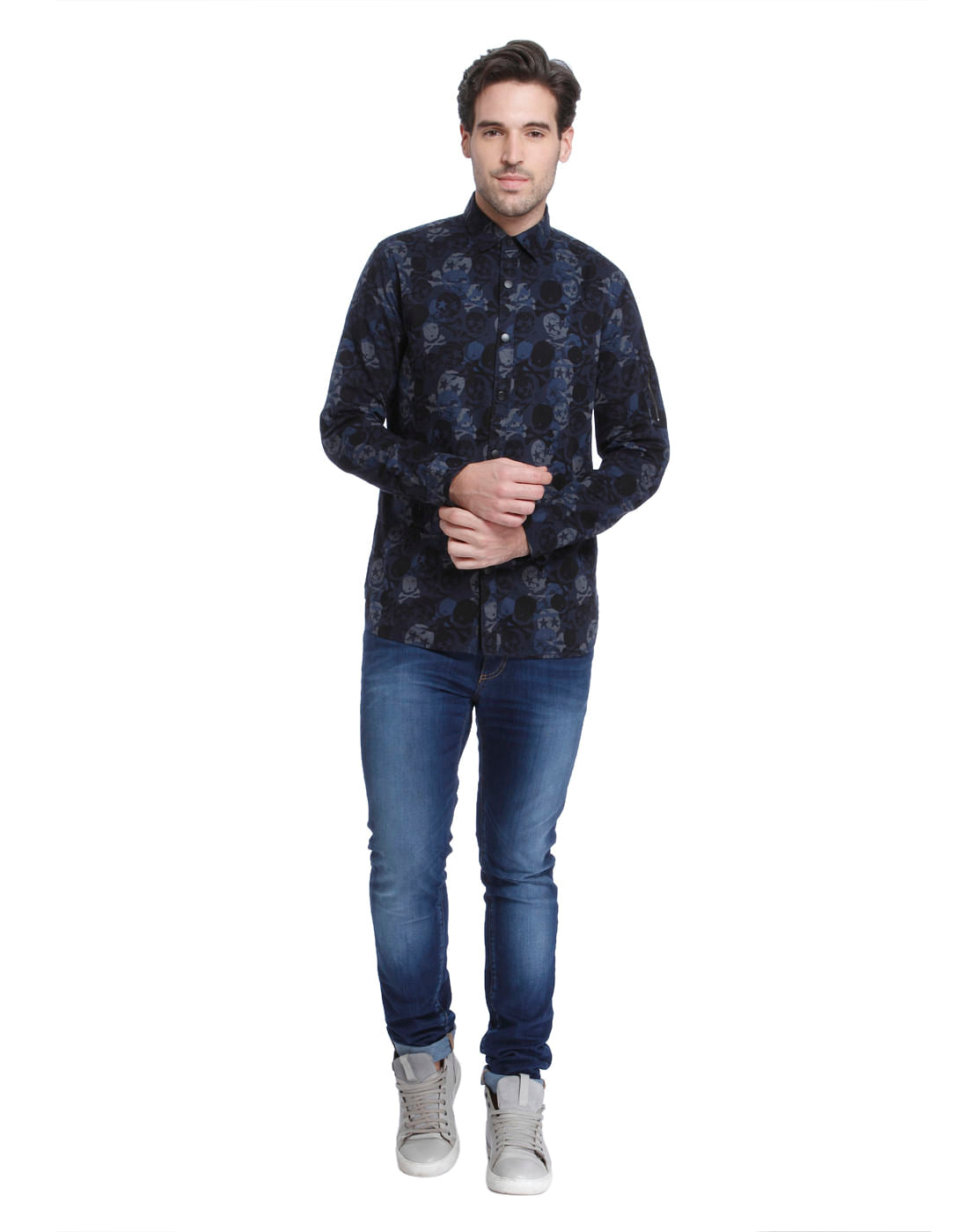 Dark Blue Skull Print Slim Fit Shirt