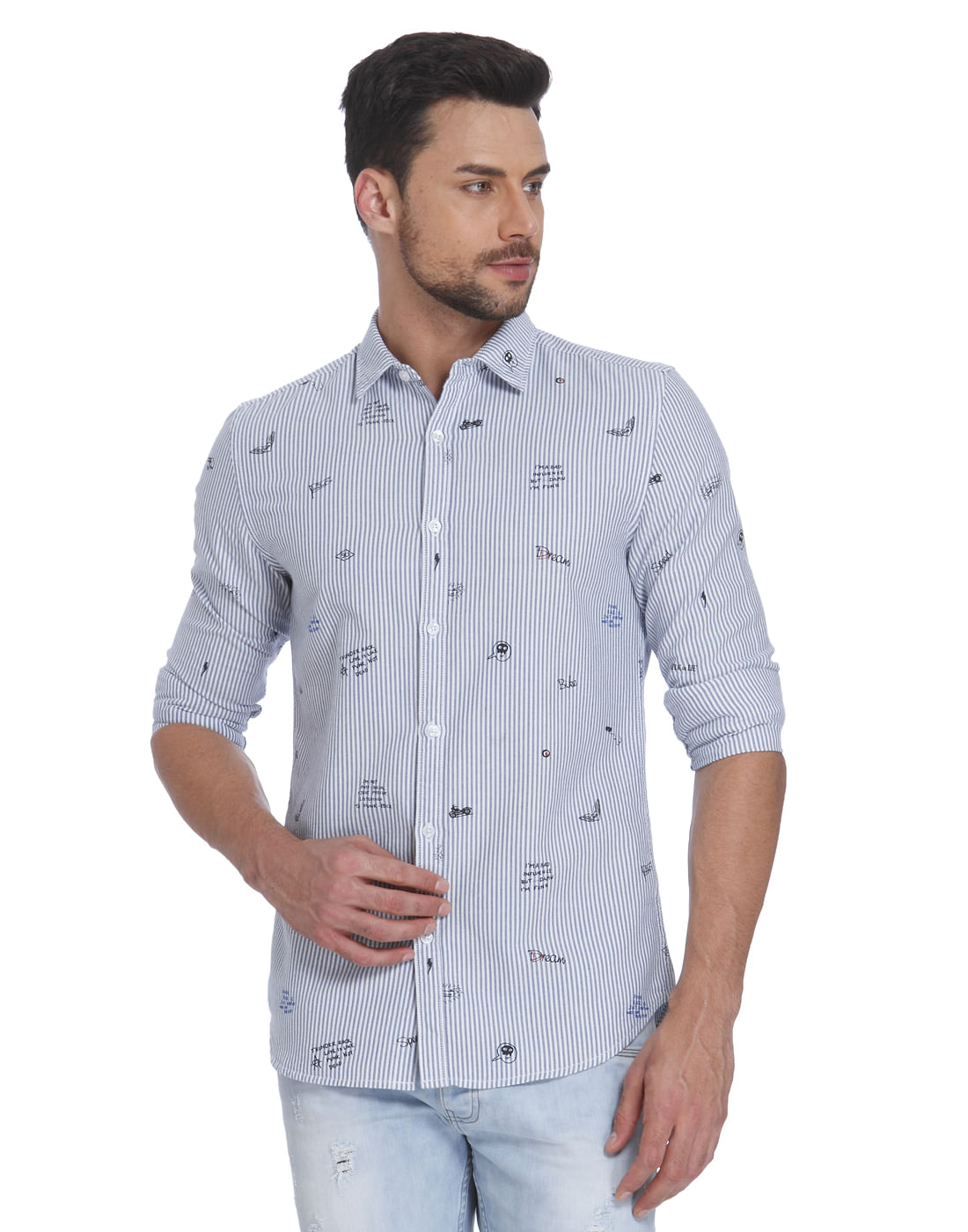Blue Striped Quirky Print Slim Fit Shirt - S