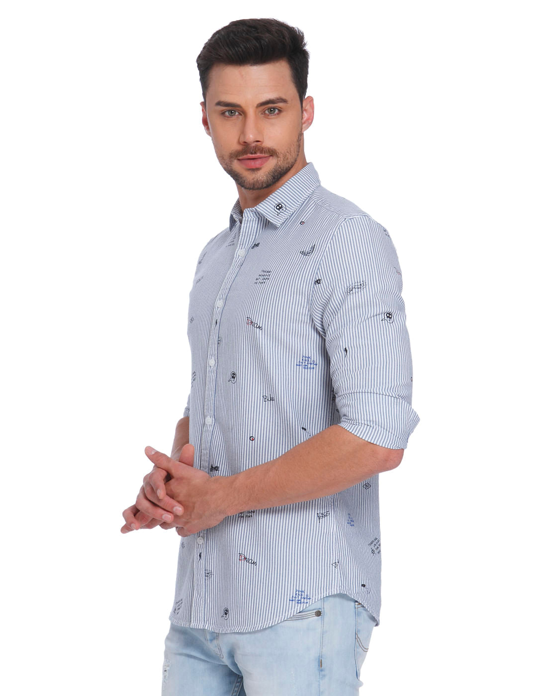 Blue Striped Quirky Print Slim Fit Shirt