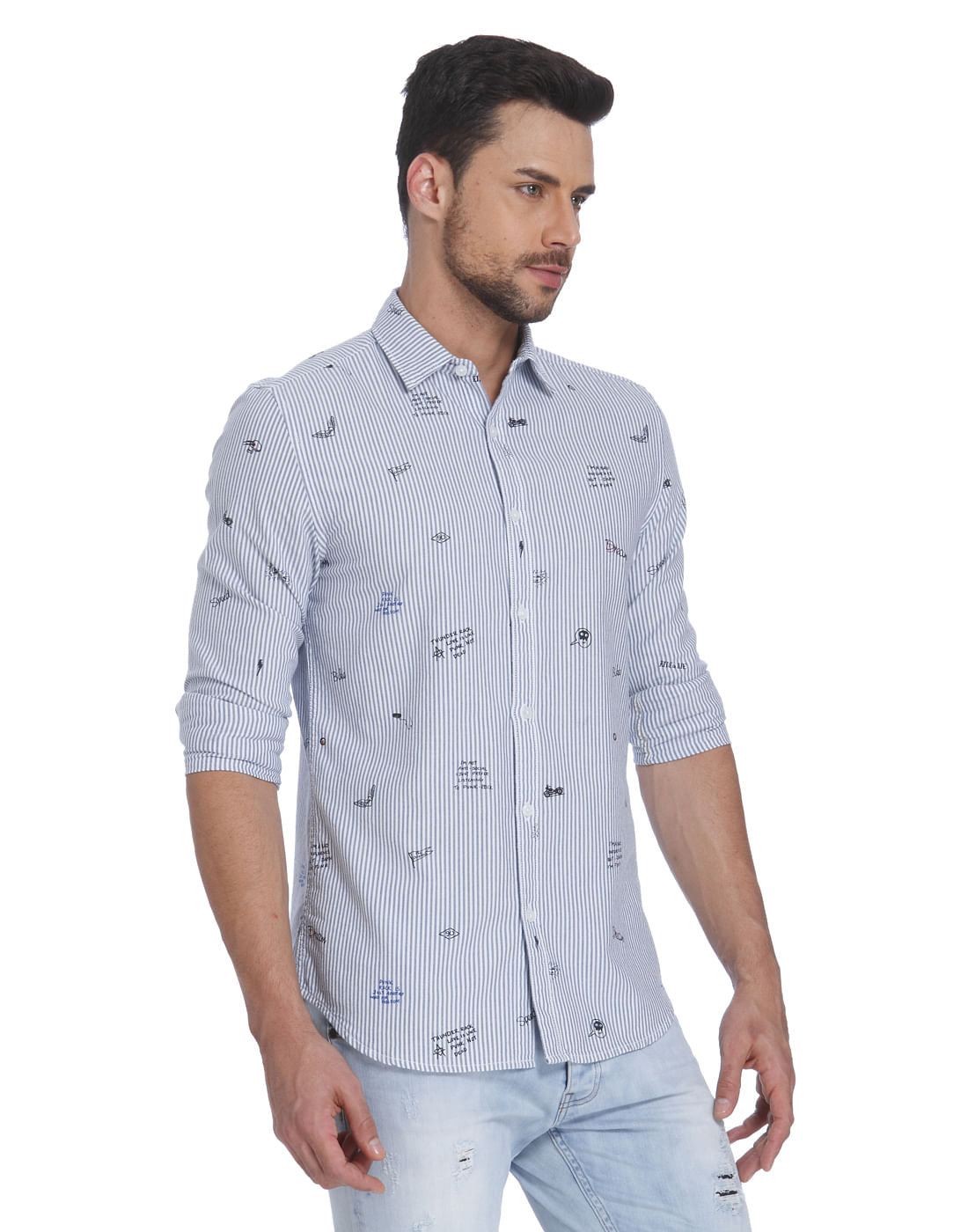 Blue Striped Quirky Print Slim Fit Shirt