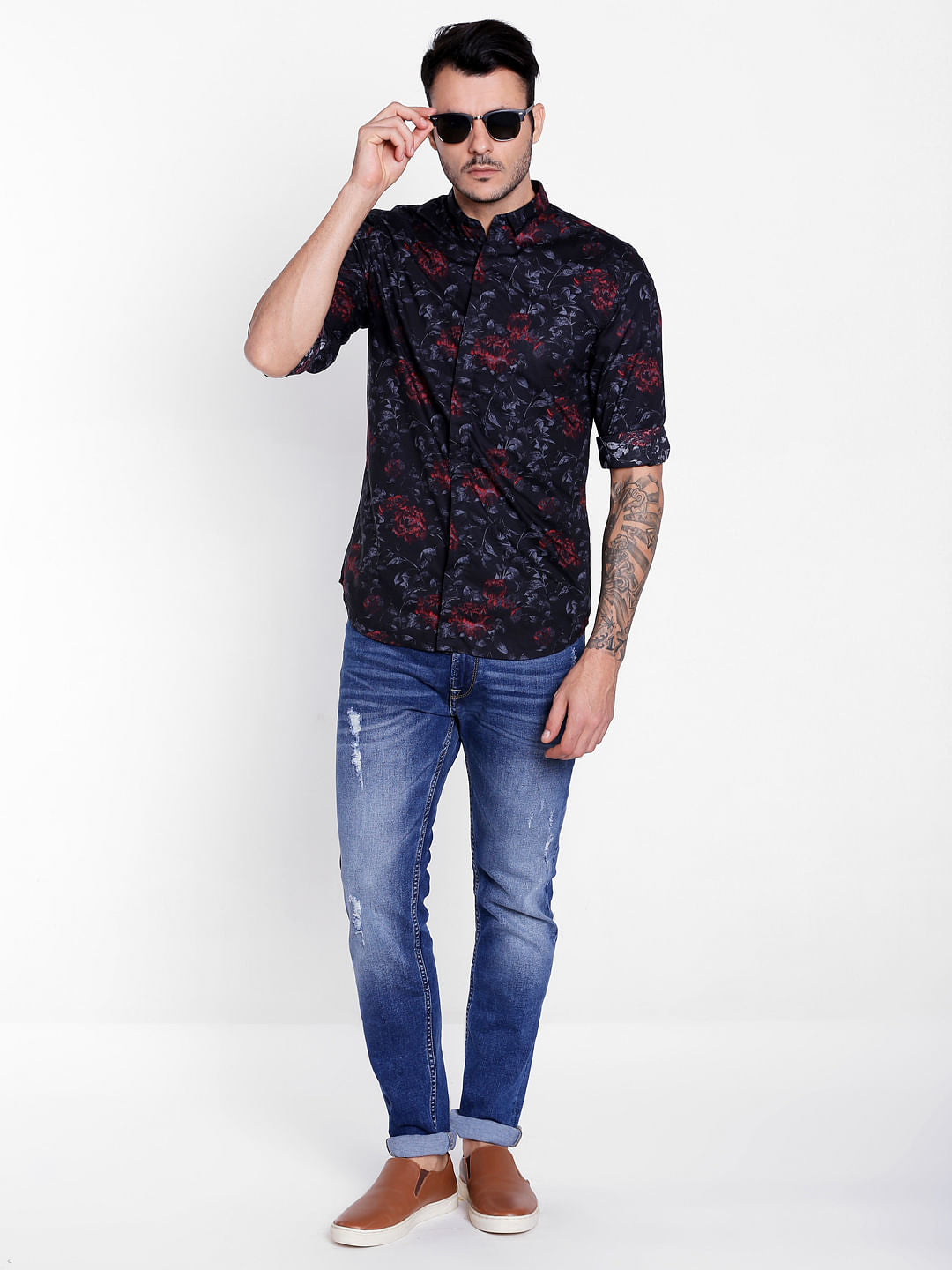 Black Tropical Print Slim Fit Shirt