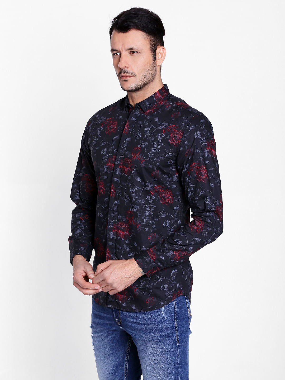 Black Tropical Print Slim Fit Shirt