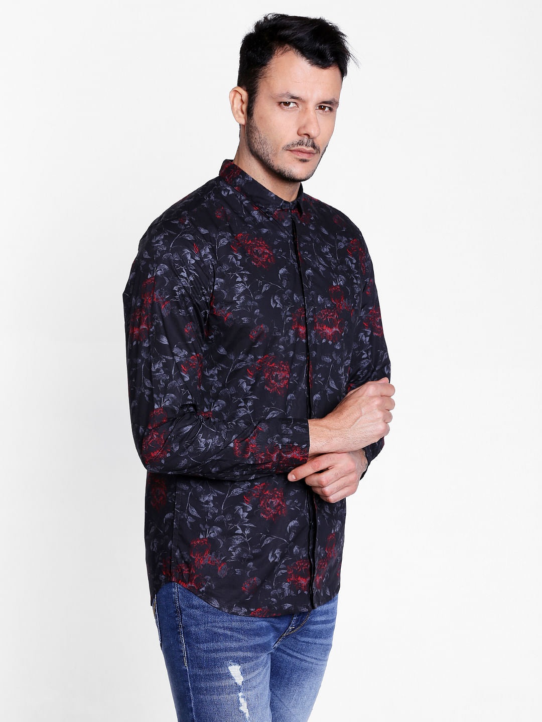 Black Tropical Print Slim Fit Shirt