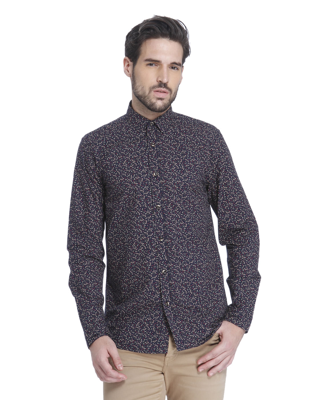 Dark Blue Floral Print Slim Fit Shirt - S
