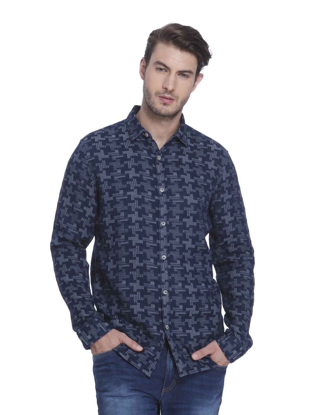 Blue Printed Slim Fit Shirt - S