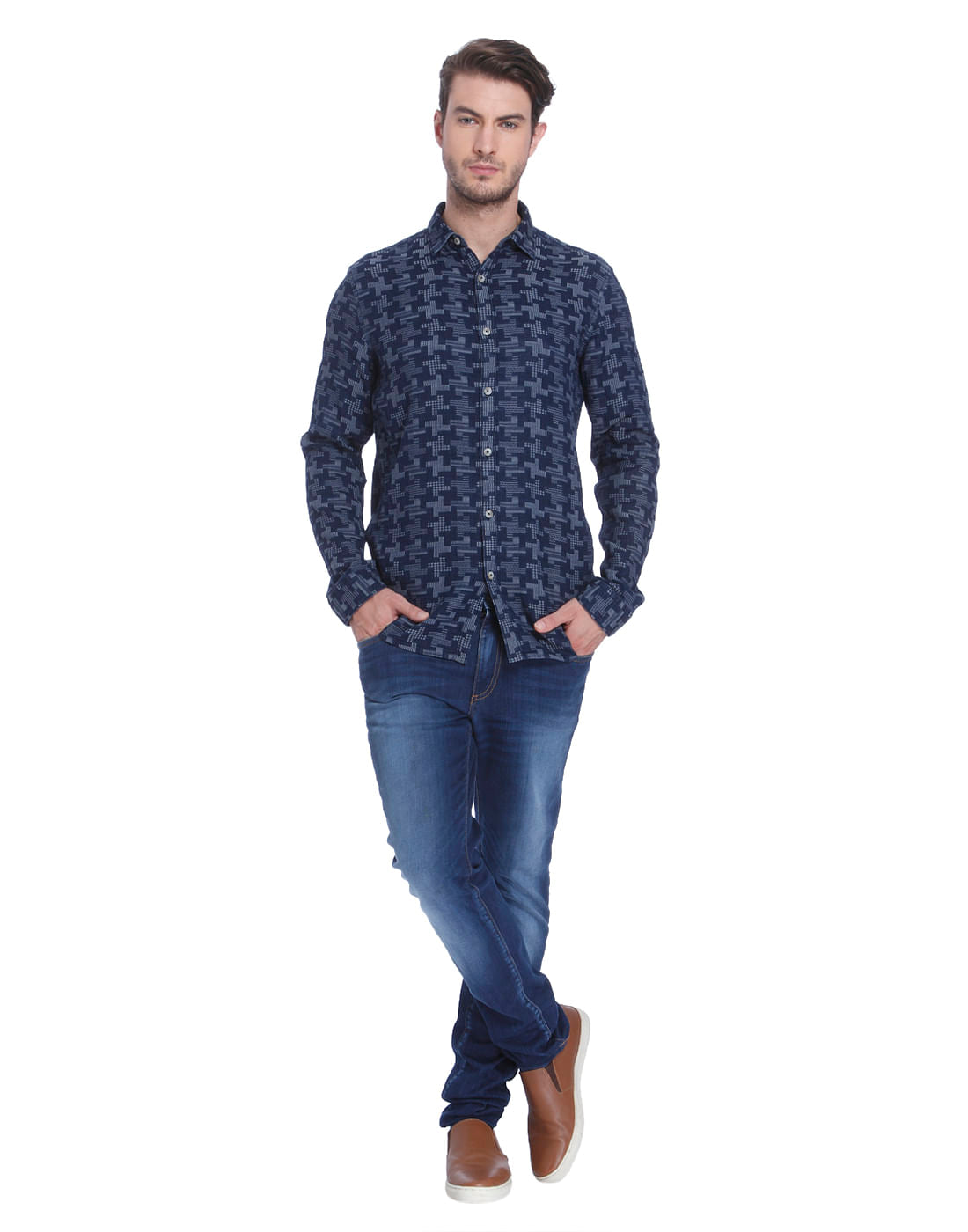 Blue Printed Slim Fit Shirt