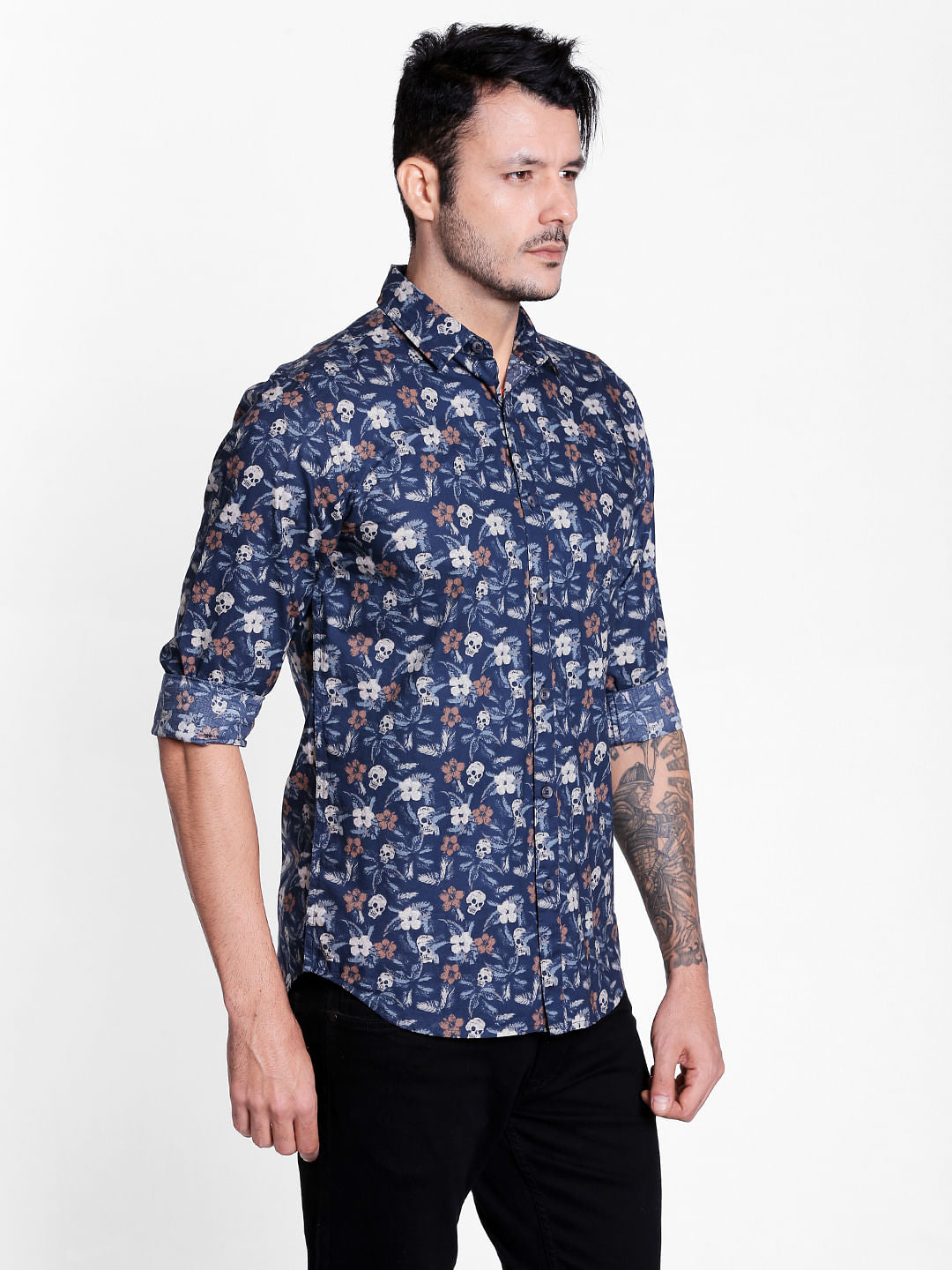 Blue Goth Graphic Print Slim Shirt