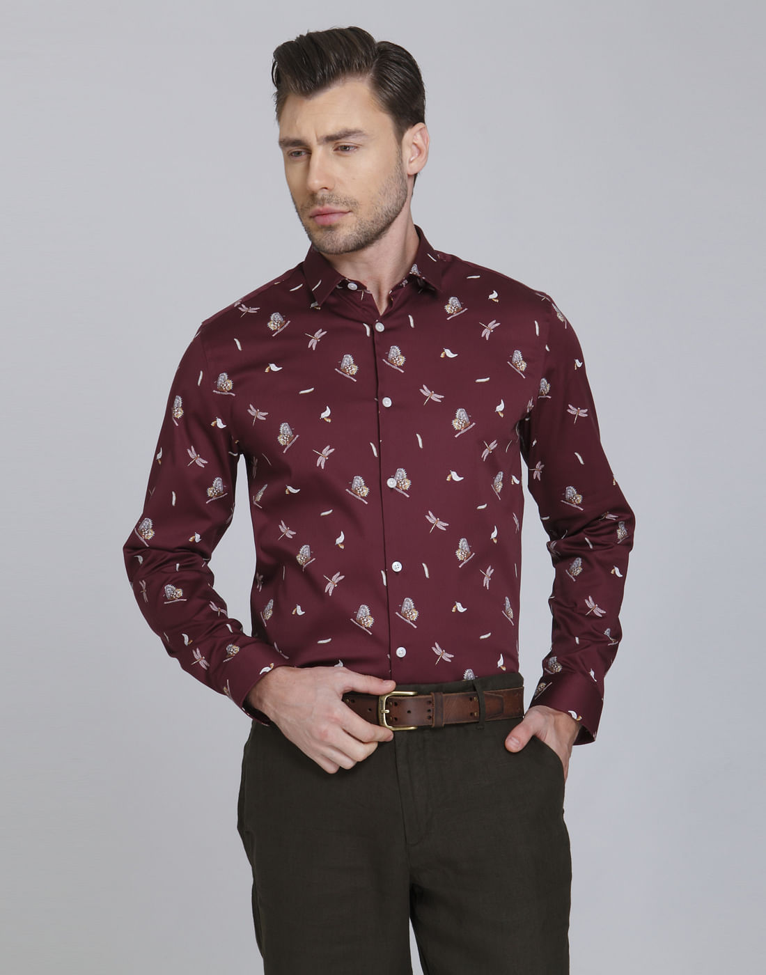 Maroon Butterfly Print Slim Fit Shirt - S
