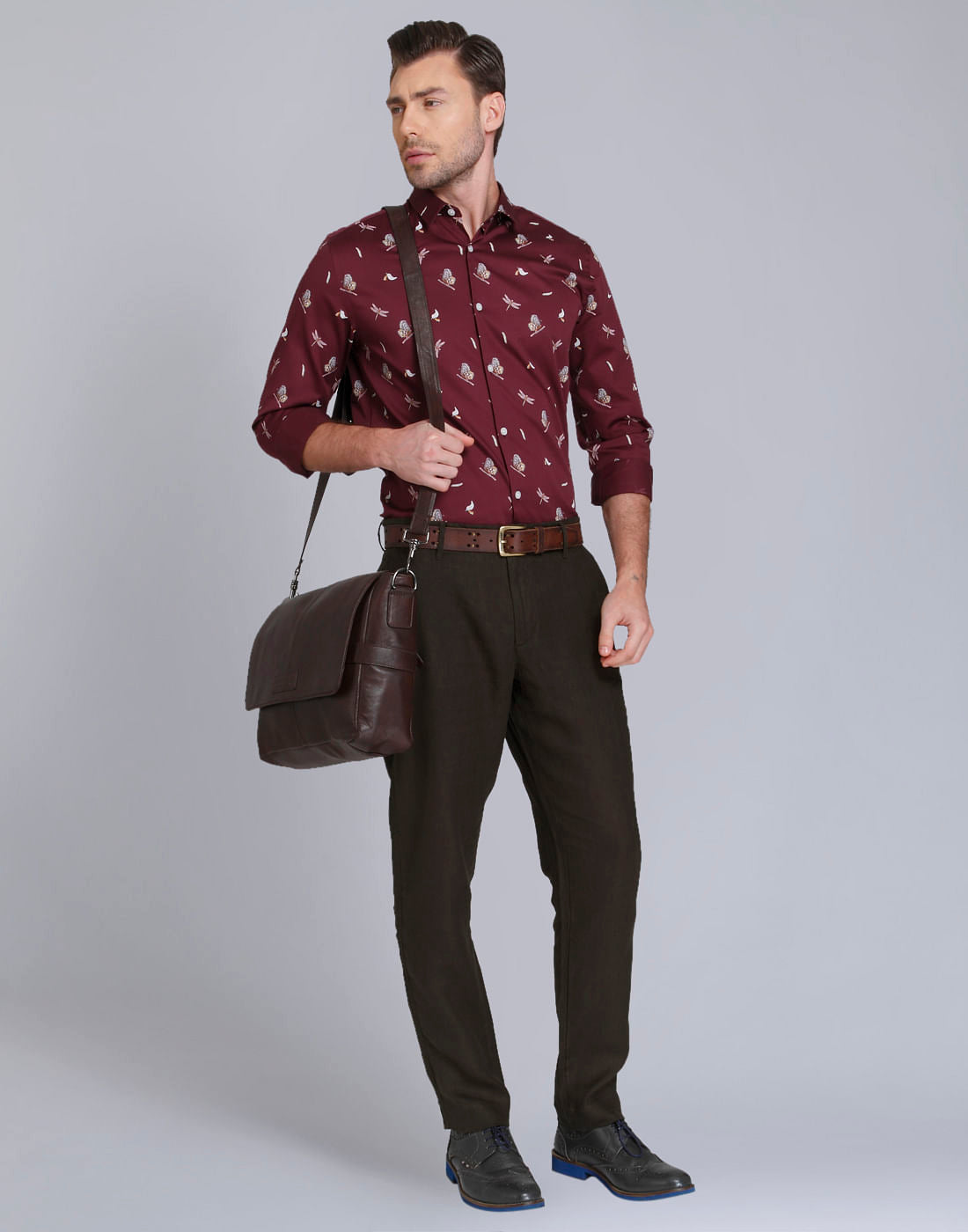 Maroon Butterfly Print Slim Fit Shirt