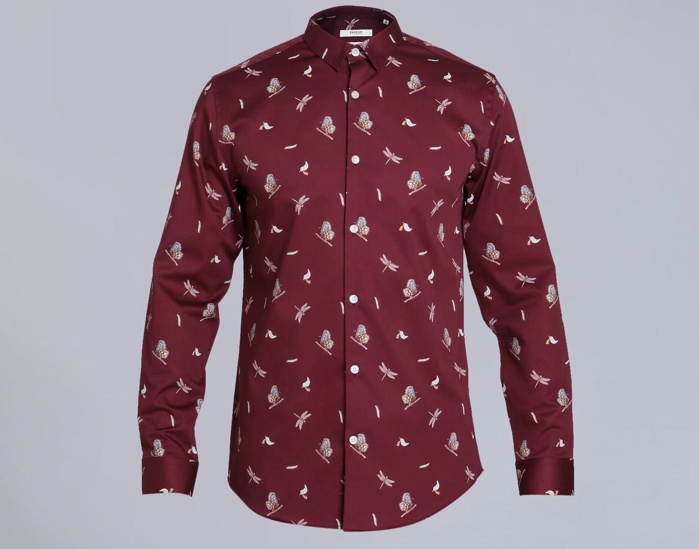 Maroon Butterfly Print Slim Fit Shirt