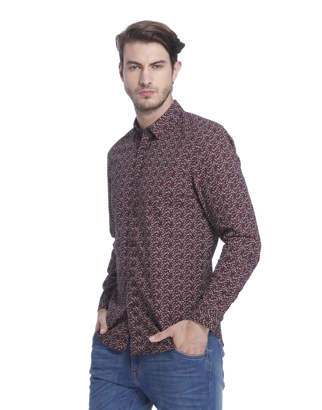 Brown Printed Slim Fit Check Shirt