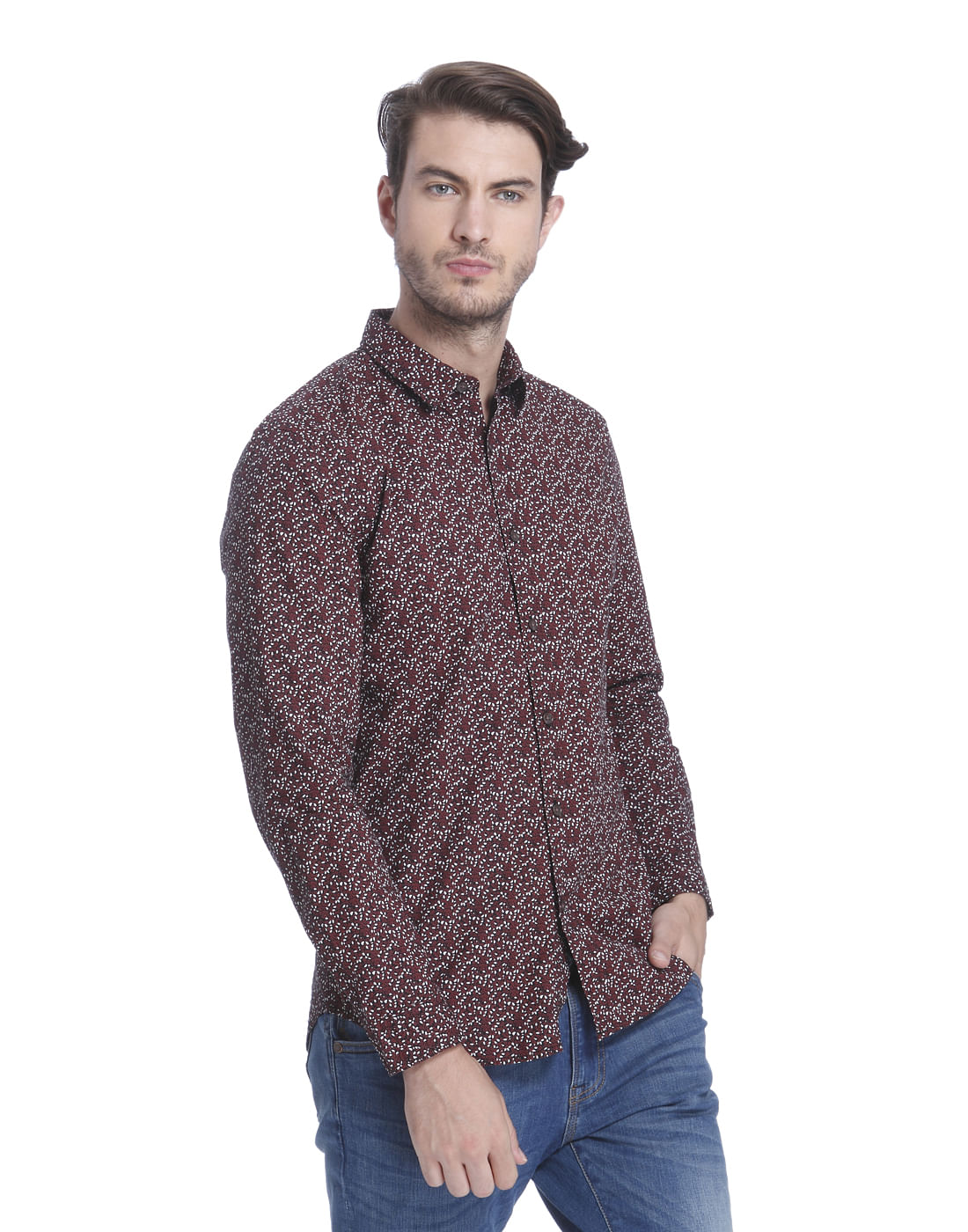 Brown Printed Slim Fit Check Shirt