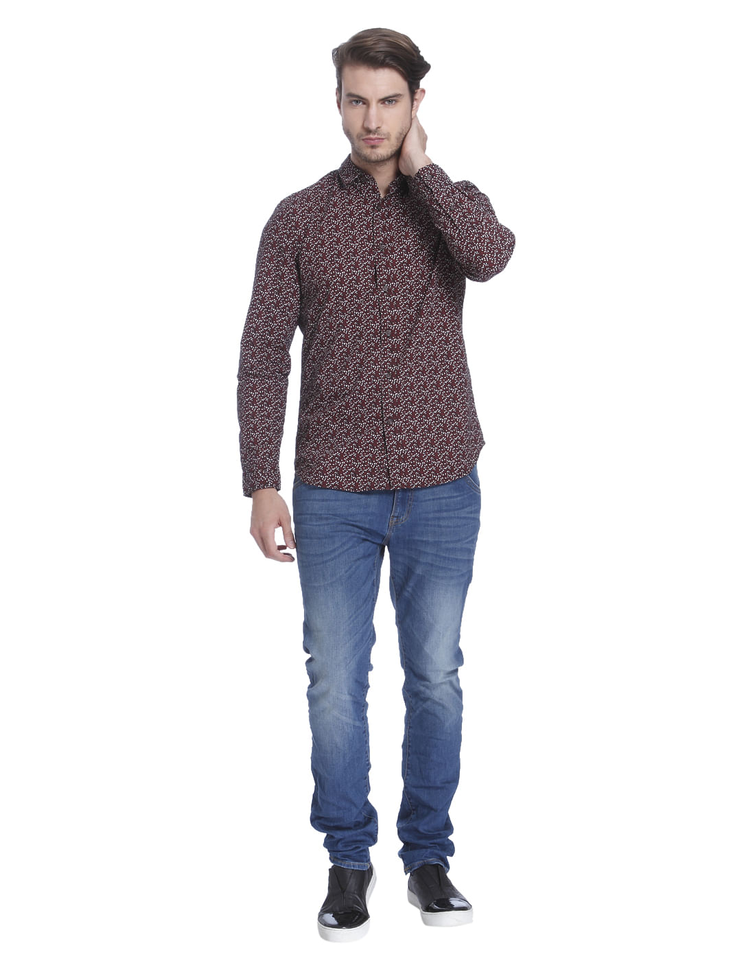 Brown Printed Slim Fit Check Shirt