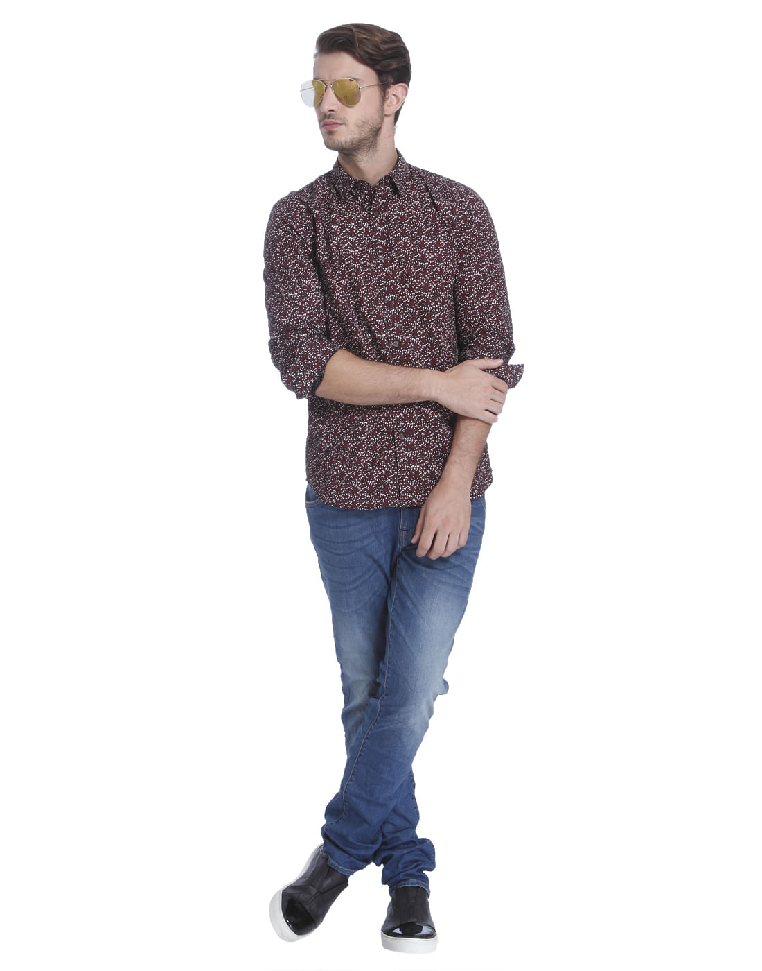 Brown Printed Slim Fit Check Shirt