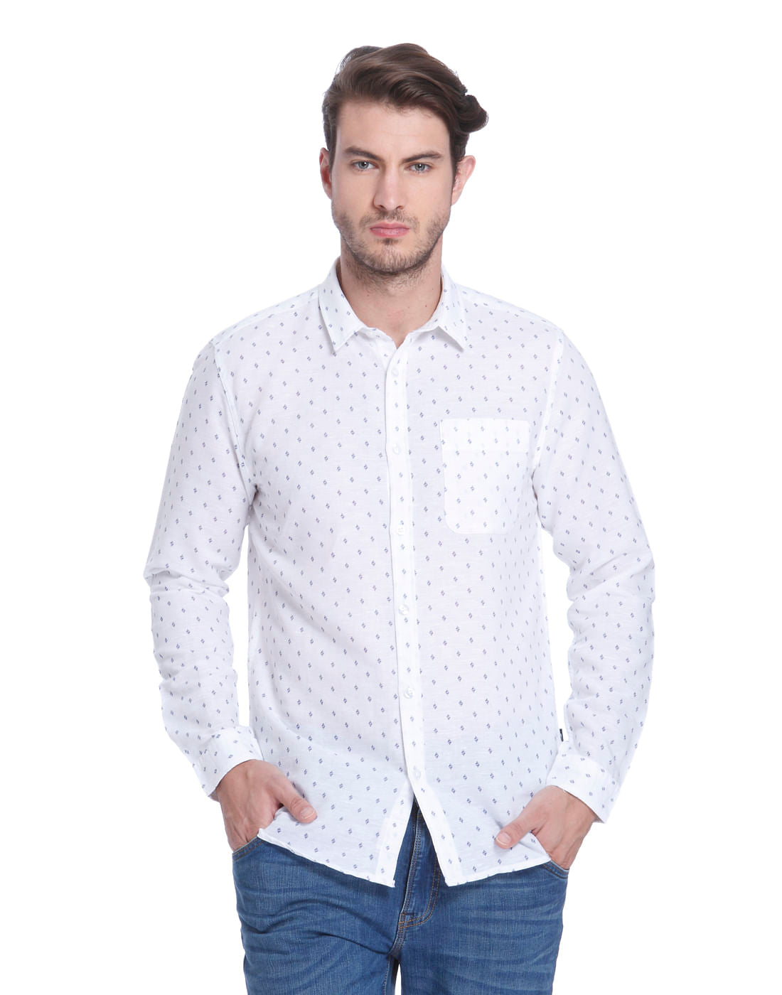 White All Over Print Linen Shirt