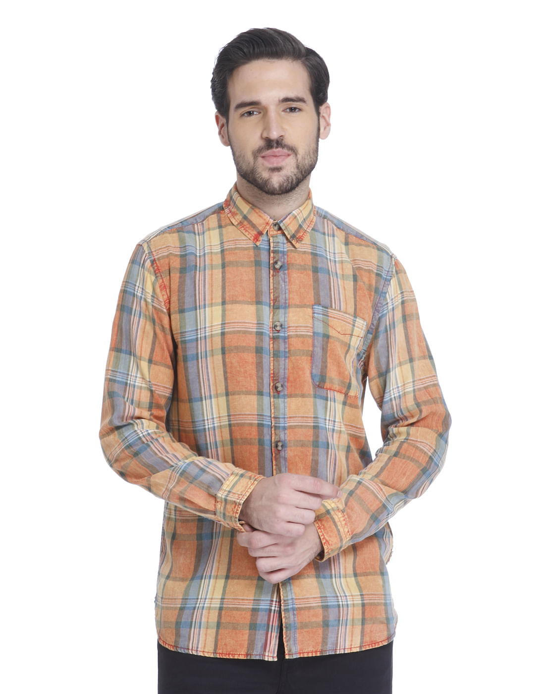 Orange Check Slim Fit Shirt - S