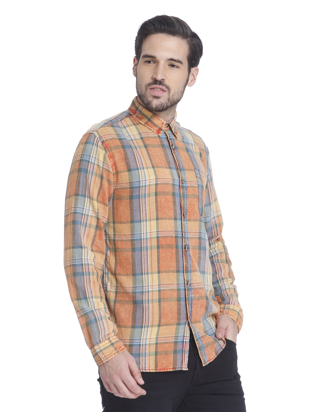 Orange Check Slim Fit Shirt