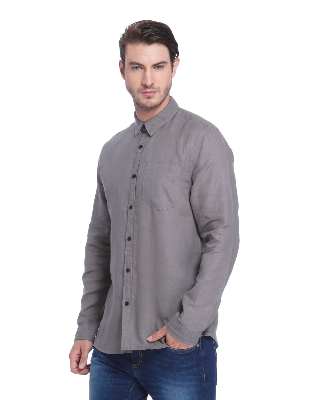 Grey Linen Slim Fit Shirt