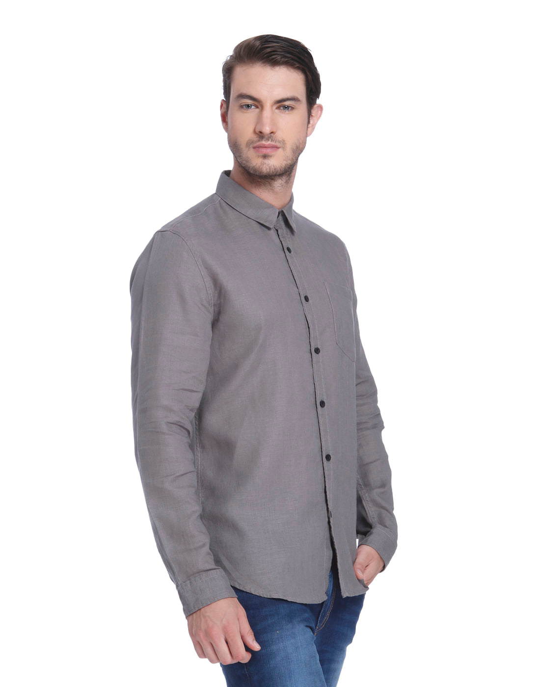 Grey Linen Slim Fit Shirt