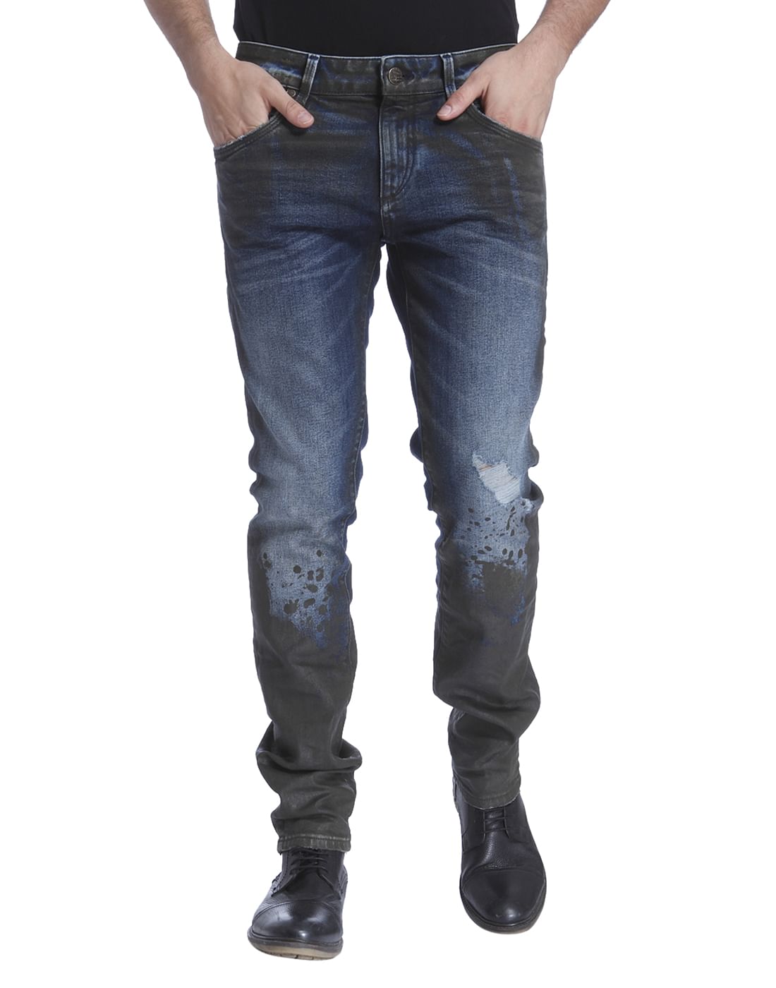Blue Colour Blocked Low Distressed Slim Fit Jeans - 28/32