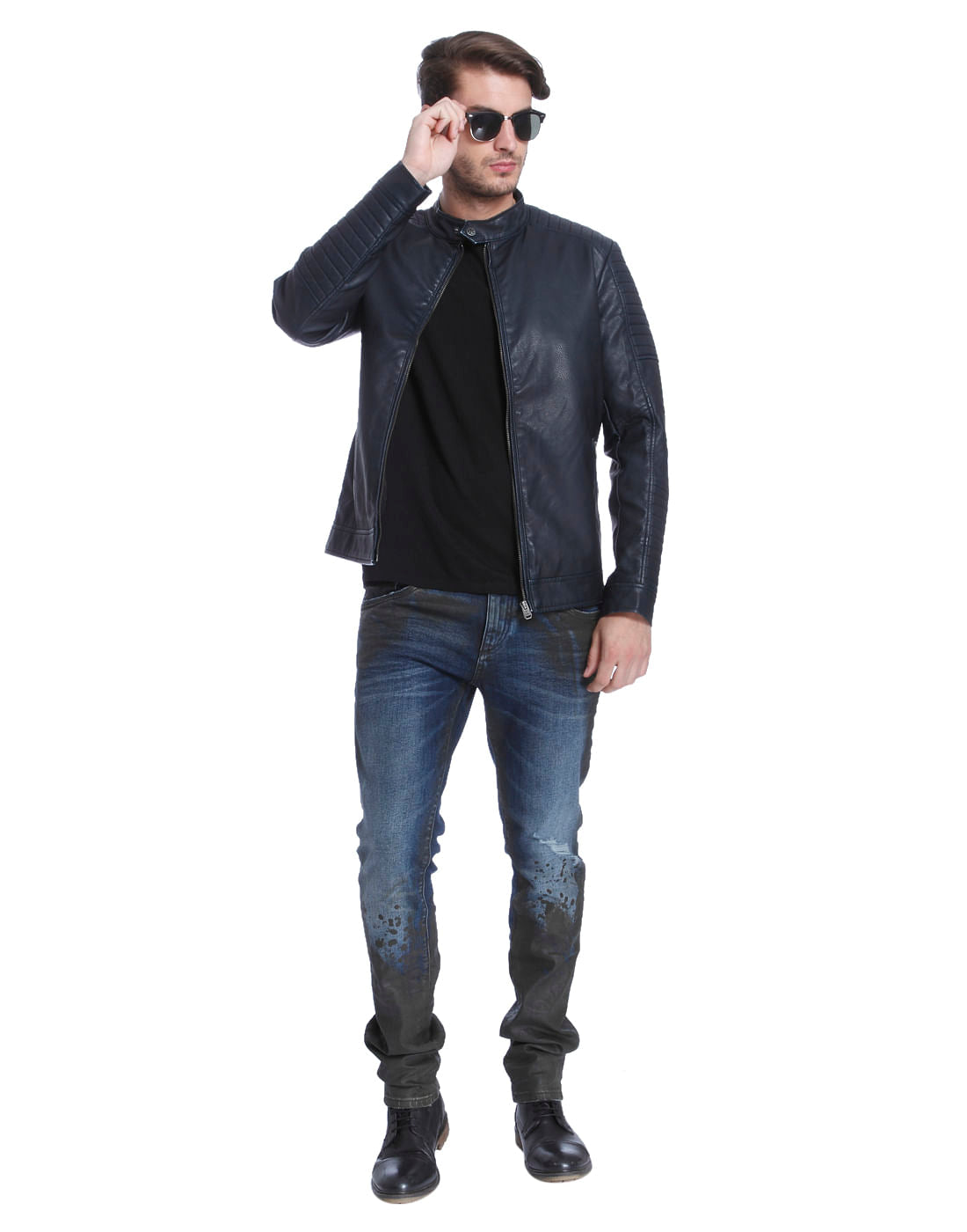 Blue Colour Blocked Low Distressed Slim Fit Jeans