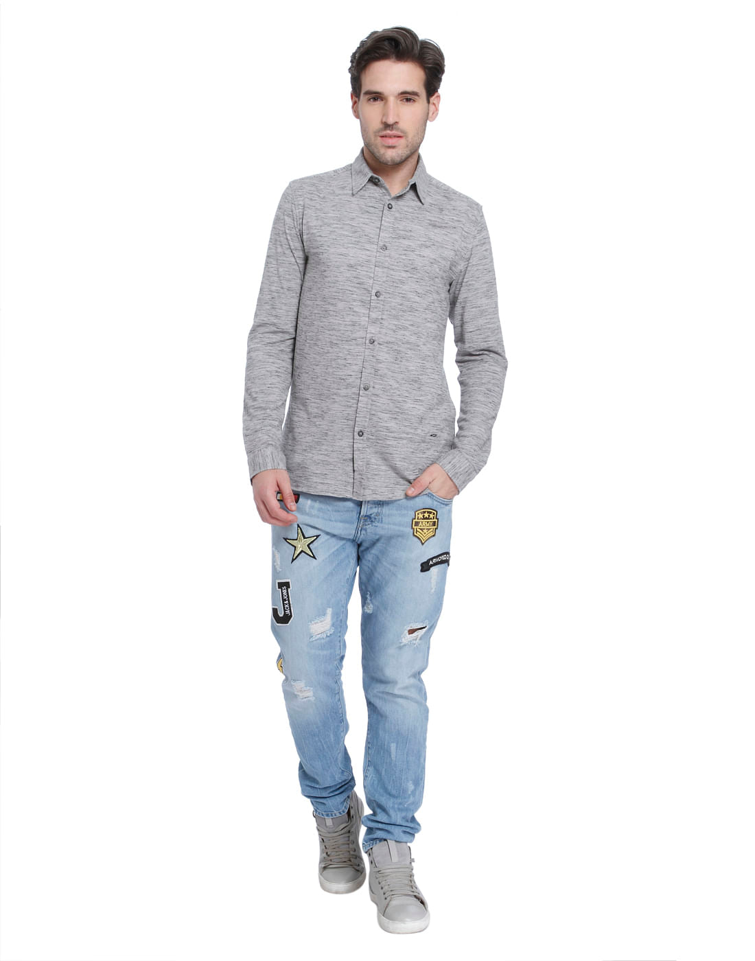 Light Grey Textured Slim Fit Shirt