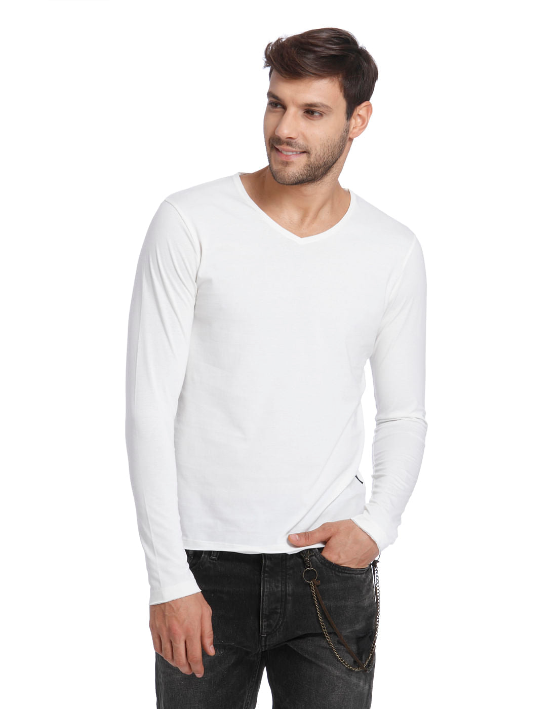 White V-Neck T-Shirt - S