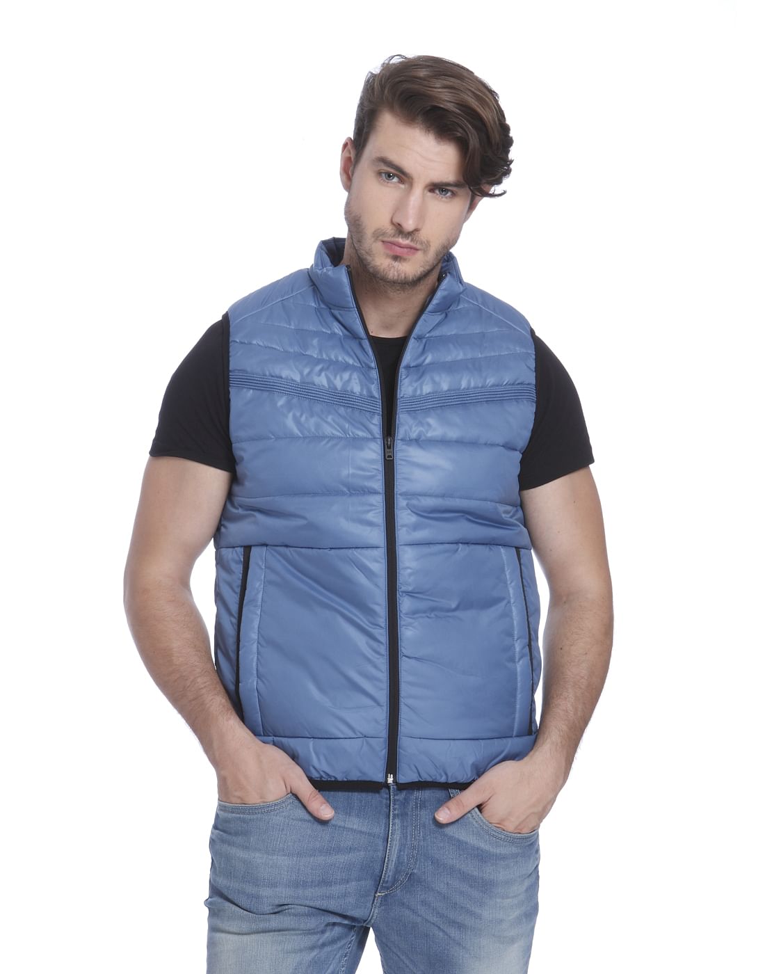 Powder Blue Sleeveless Bomber Jacket - S