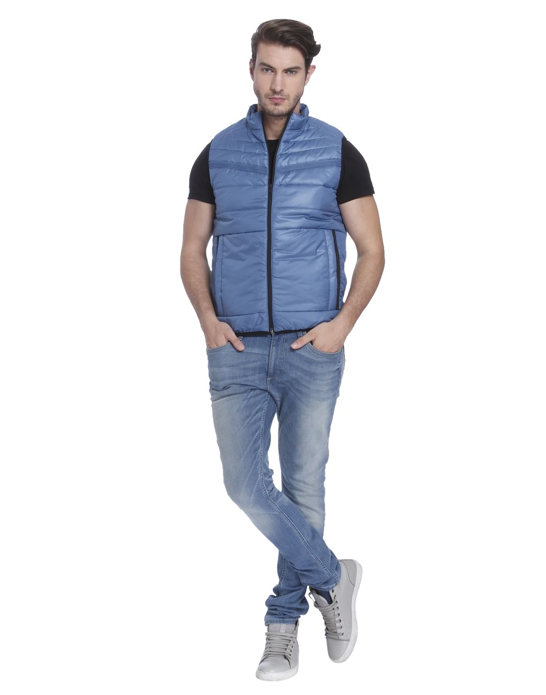 Powder Blue Sleeveless Bomber Jacket
