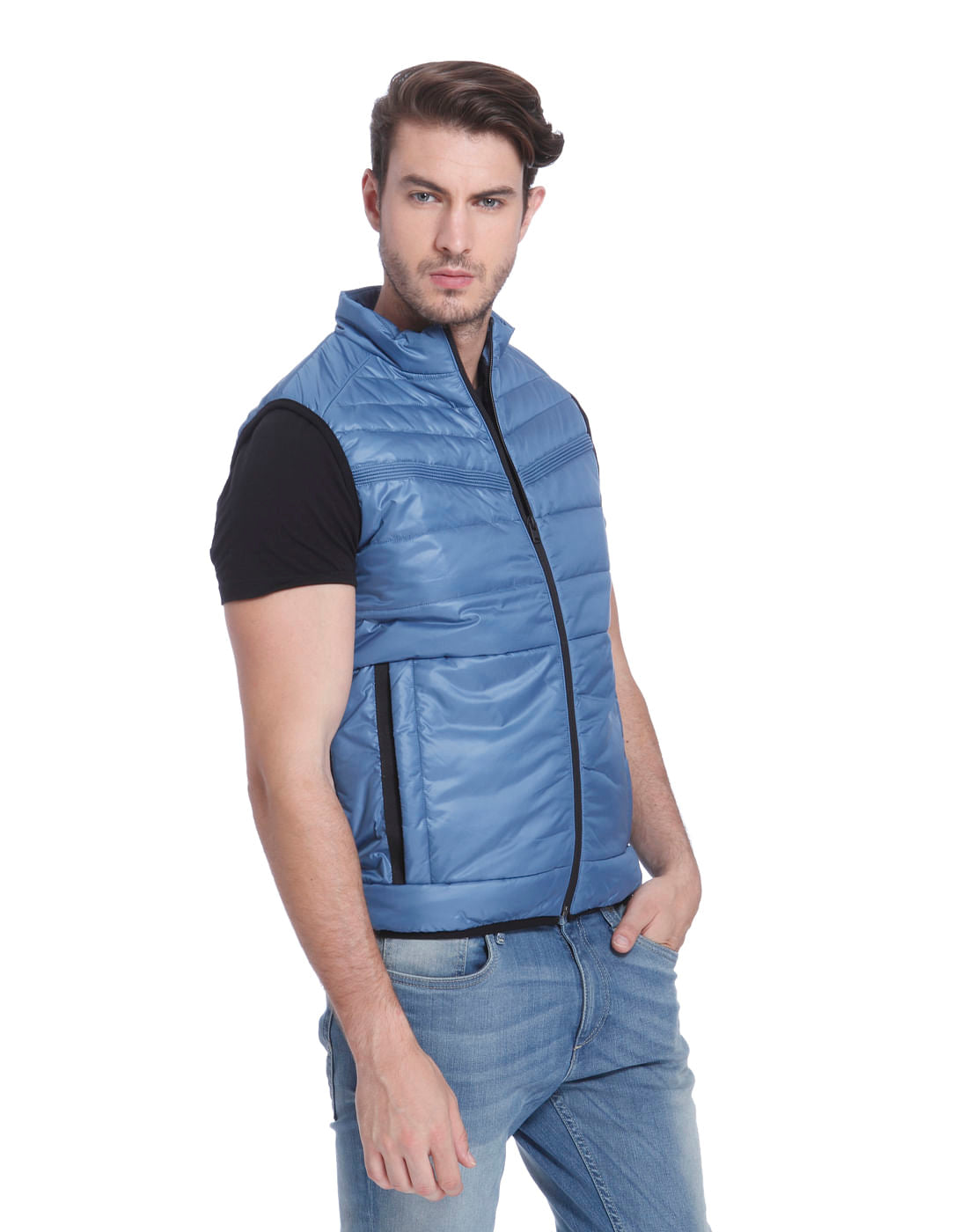 Powder Blue Sleeveless Bomber Jacket