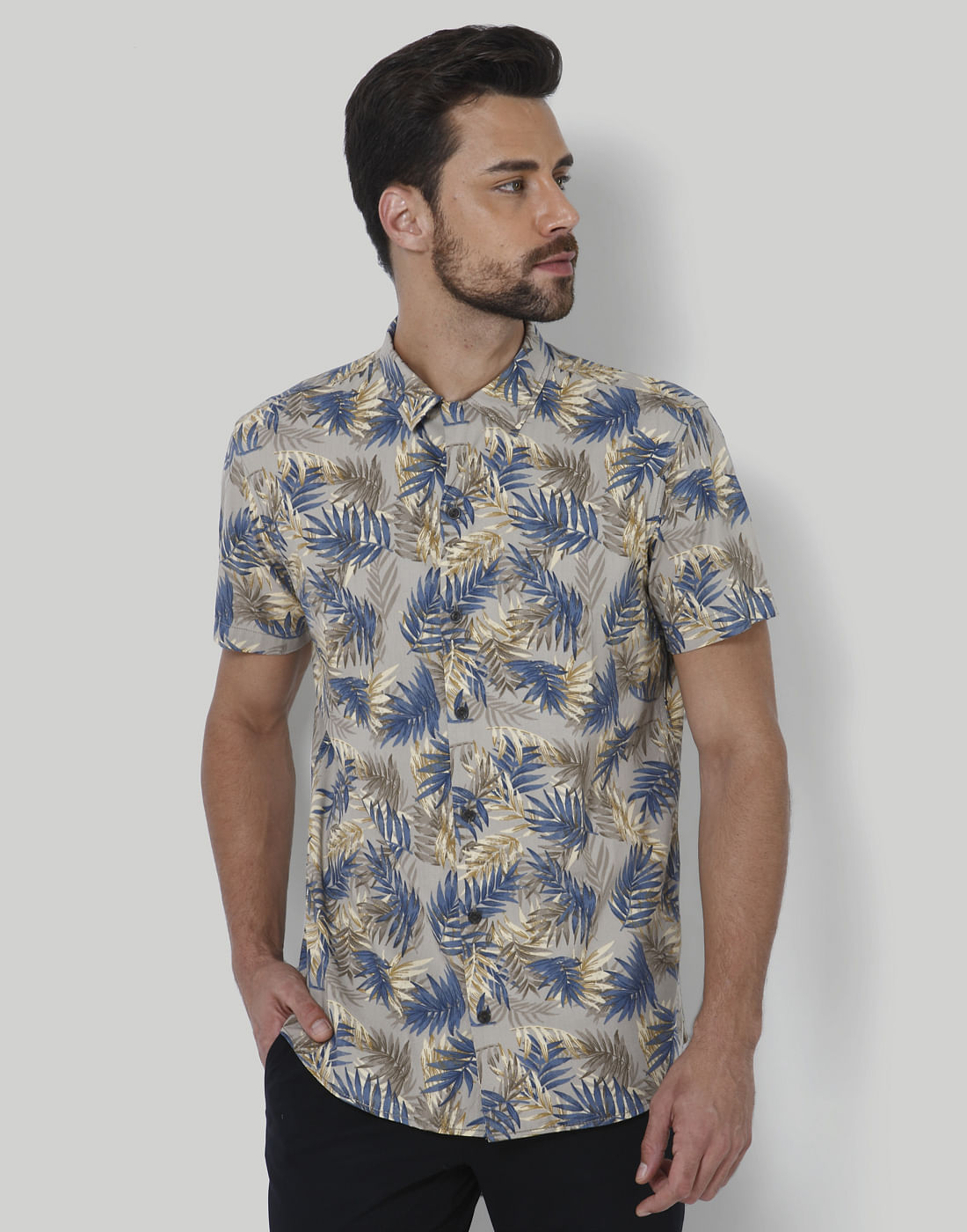 Grey Tropical Print Shirt - S