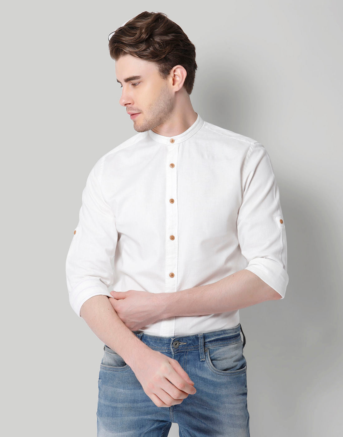 White Mandarin Collar Shirt