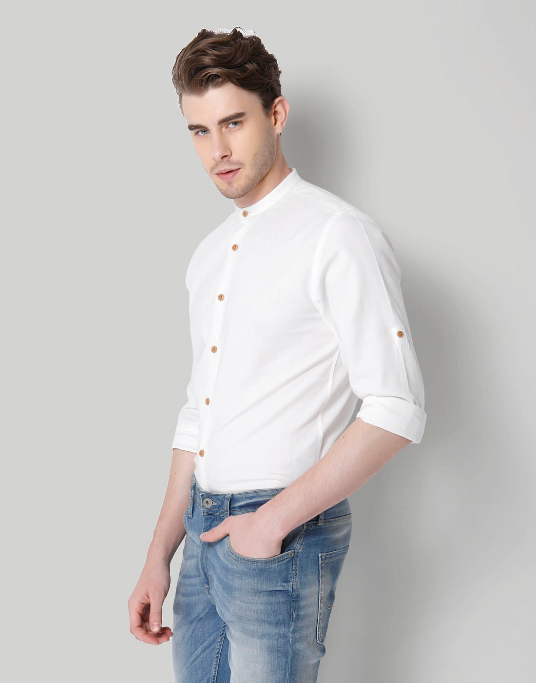 White Mandarin Collar Shirt