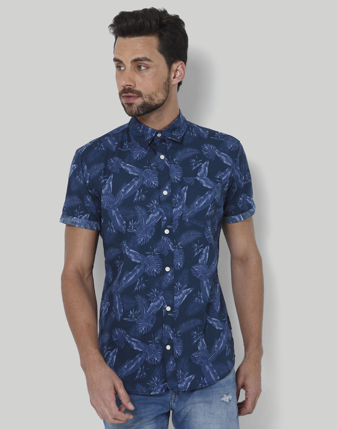 Blue Tropical Print Shirt - S