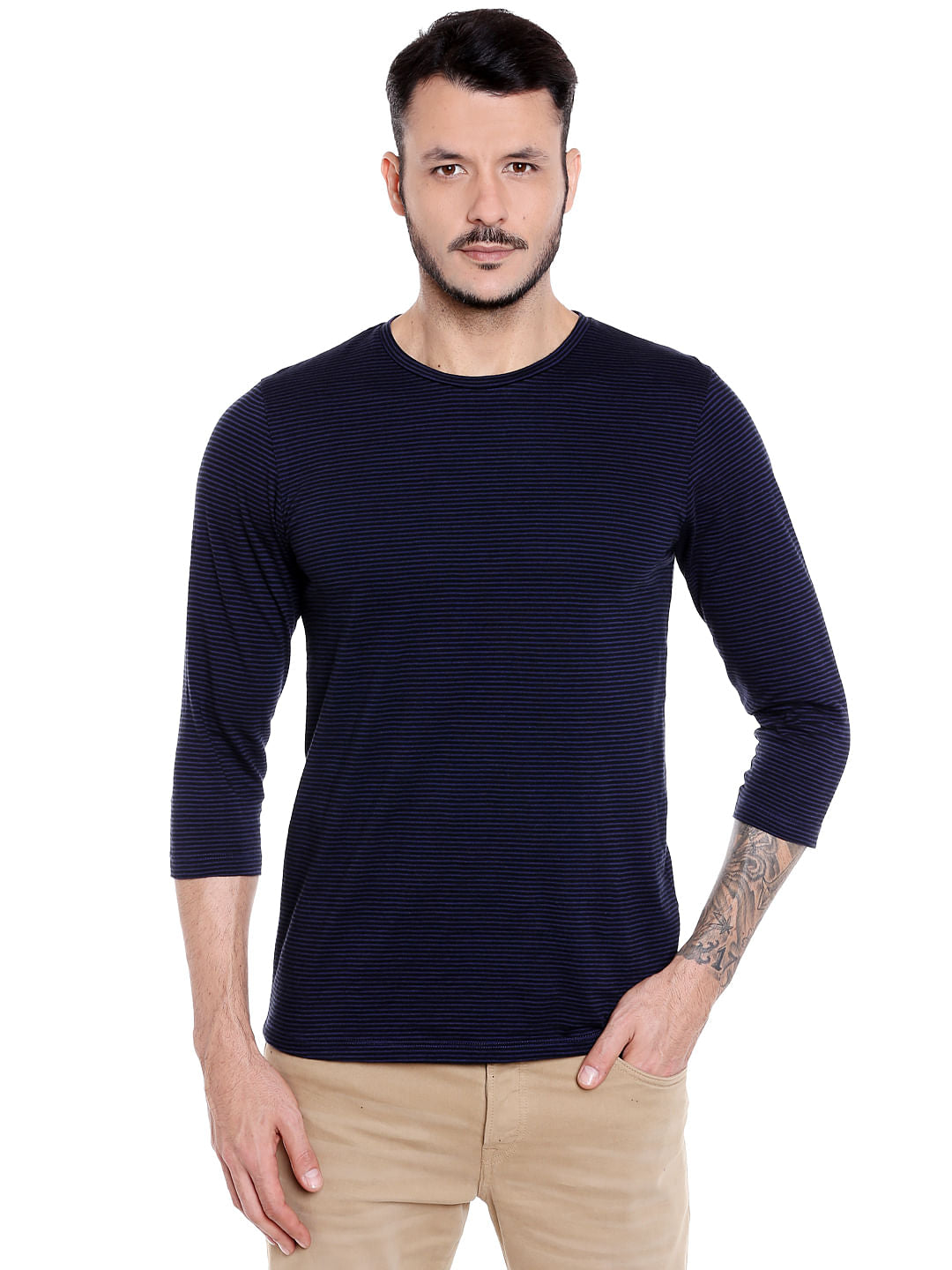Dark Blue Striped Crew Neck T-Shirt - S