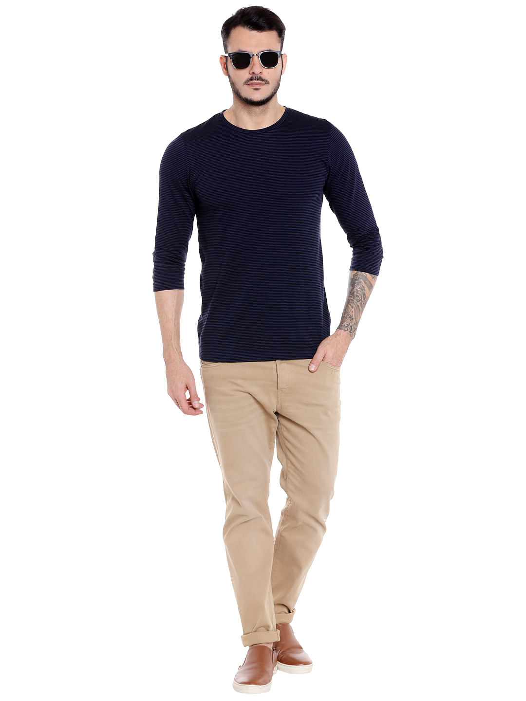 Dark Blue Striped Crew Neck T-Shirt