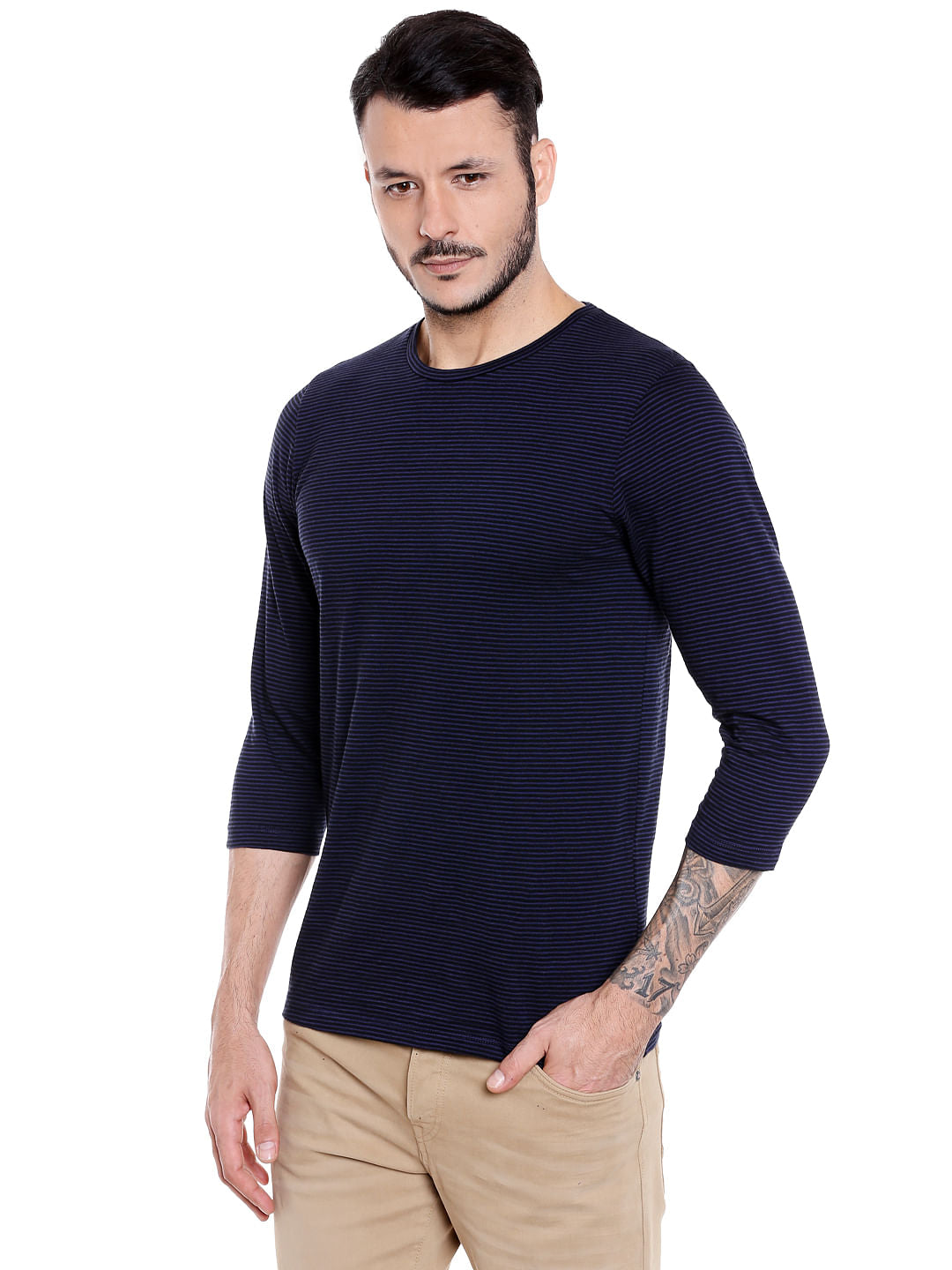Dark Blue Striped Crew Neck T-Shirt