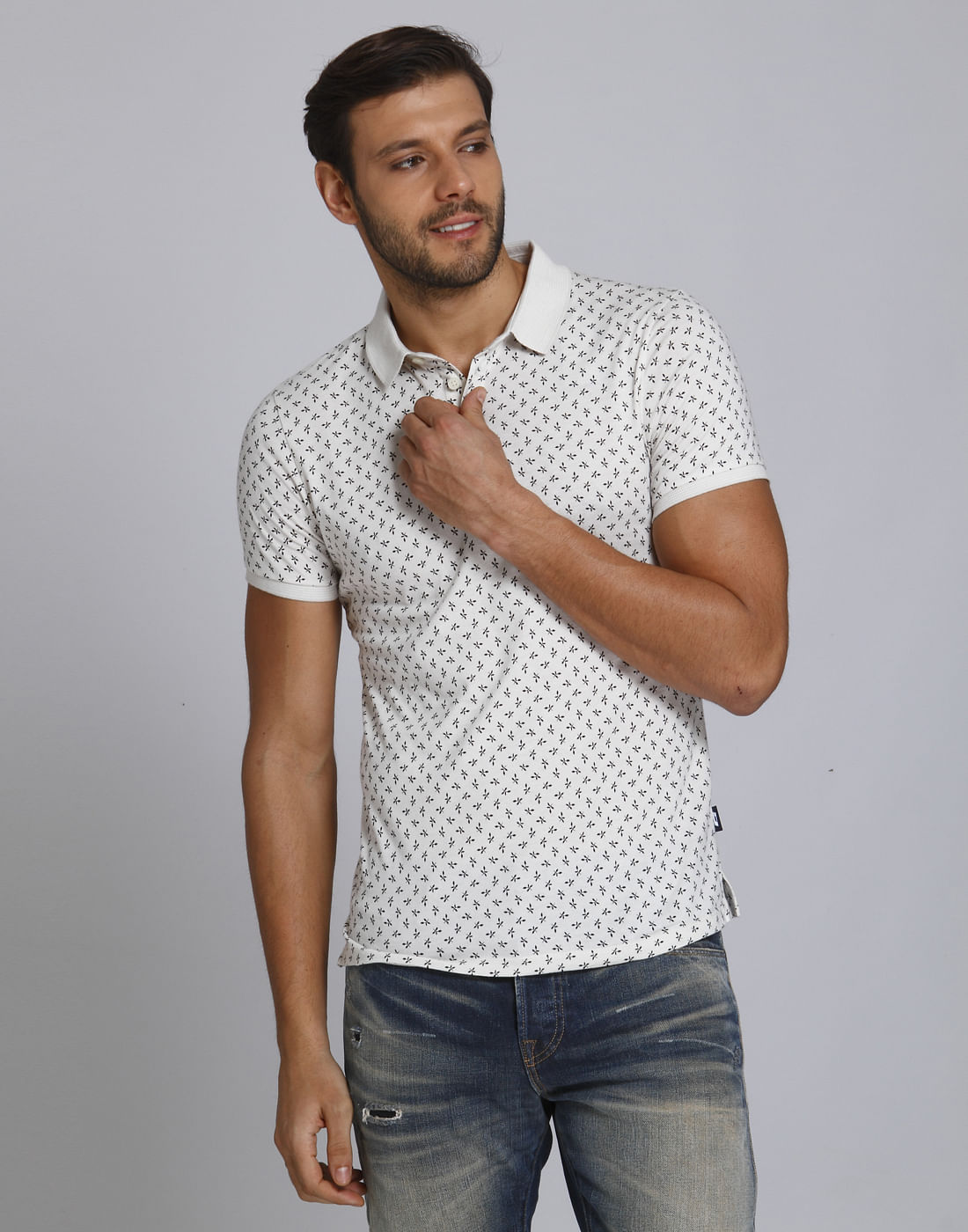 White All Over Print Polo T-Shirt - S
