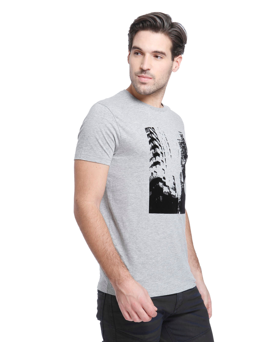 Light Grey Printed Crew Neck T-Shirt