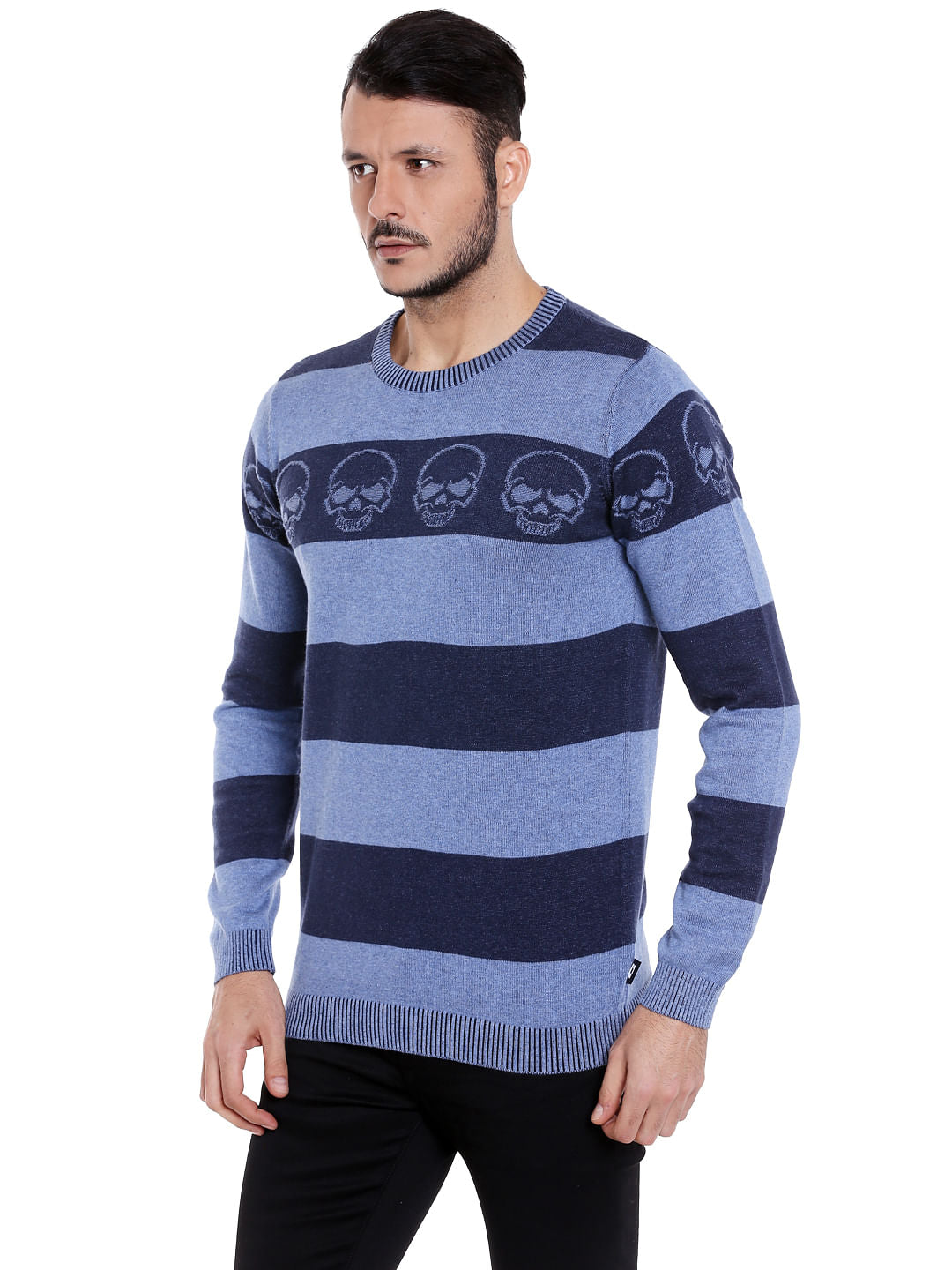 Blue Striped Skull Print Pullover