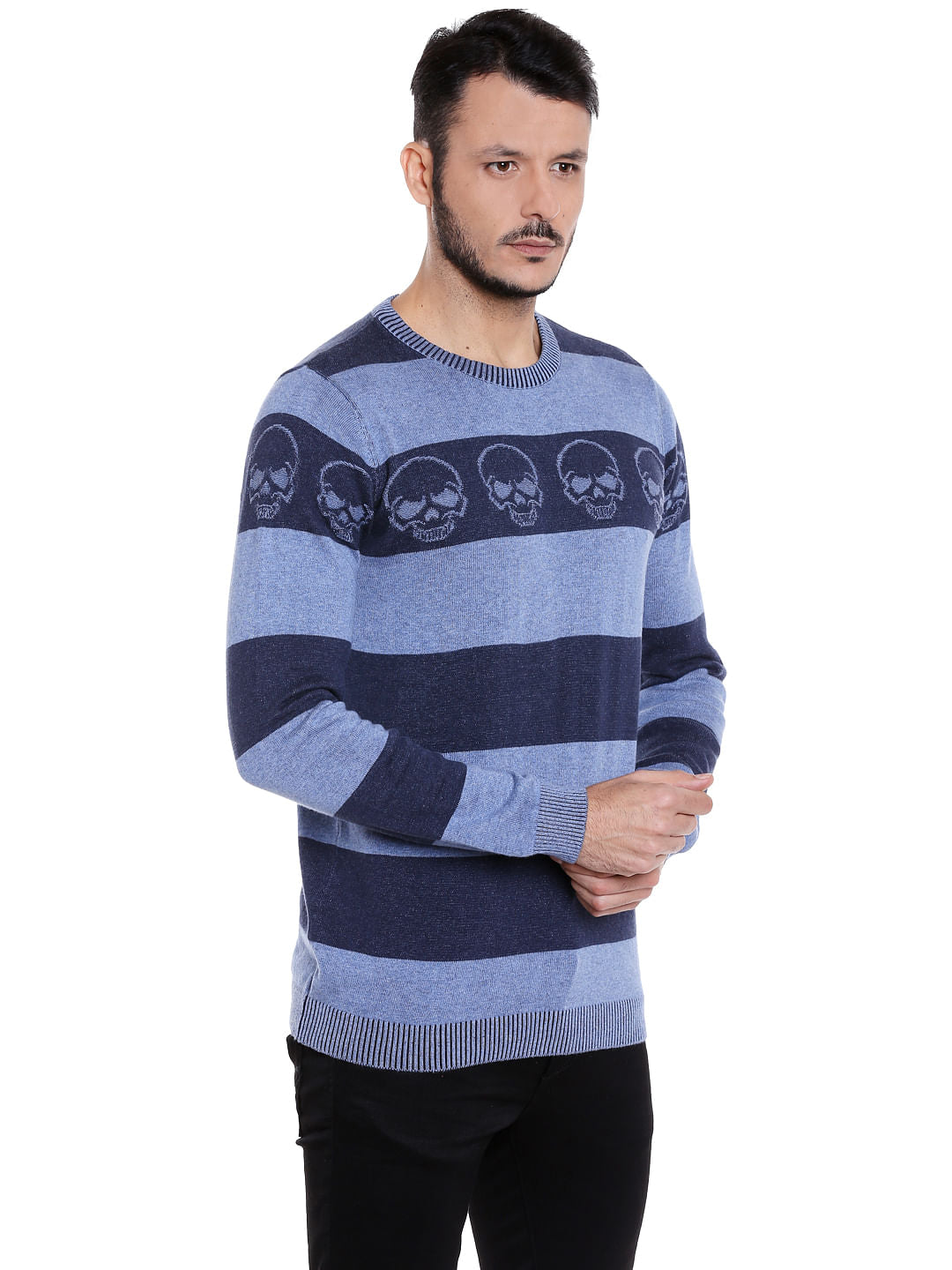 Blue Striped Skull Print Pullover